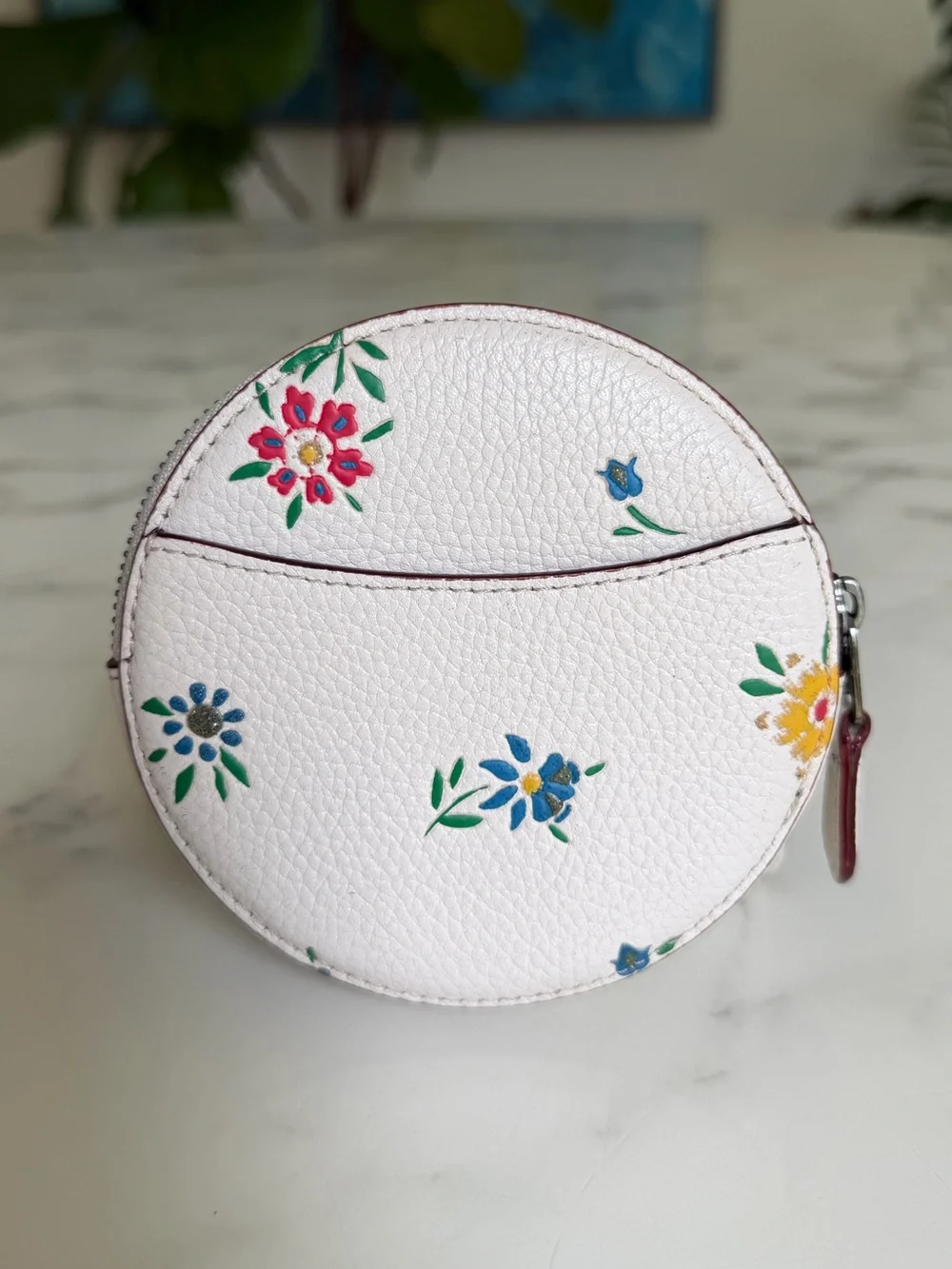 Coach Round Coin Case With Wildflower Print Chalk Floral Pebble Leather 1357